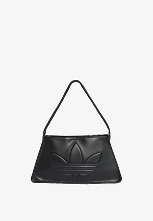 Sac bandoulière trapèze noir avec logo Adidas trefoil embossé et une sangle fine unique, fabriqué en matière lisse imitation cuir.