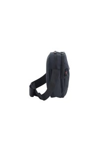 Borsa a tracolla nera realizzata in tessuto durevole, con forma rettangolare, due scomparti con zip e una tracolla regolabile.