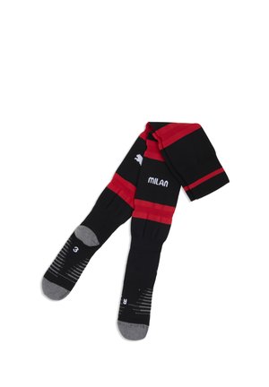 Sorte og røde knæhøje sportssokker med grå tæer og hæle, med ordet Milan og størrelsesangivelser på hver sok.