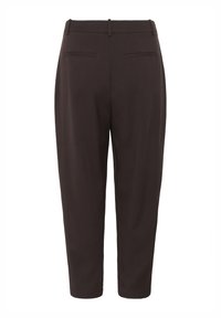 Dark brown trousers made of smooth fabric, featuring a tailored fit, back pockets, and a straight leg design. Simple waistband with no visible fasteners.