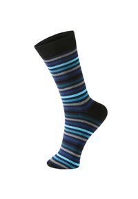 Skarpetki w paski w kolorze czarnym, niebieskim i szarym; wykonane z miękkiego materiału z prążkowanym wykończeniem u góry i gładką fakturą.