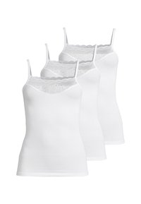 Three white camisoles with adjustable straps, featuring a lace trim at the neckline. Made from soft, stretchy fabric.