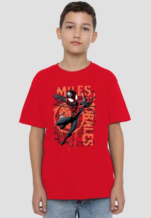 Red cotton T-shirt featuring a graphic of a character in black and red, with "MILES" text and web pattern in the background. Short sleeves, relaxed fit.