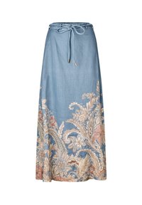 Blauwe linnen maxi rok met trekkoord in de taille, voorzien van bloemenborduursel in crème, roze en groen. Soepele textuur, luchtig ontwerp.