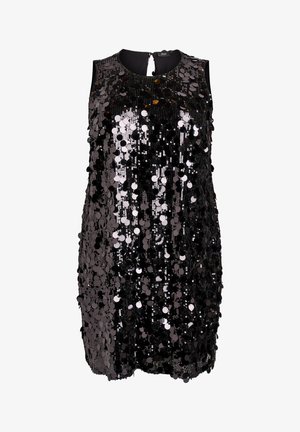 Mouwloze zwarte mini-jurk bedekt met grote zwarte en zilveren pailletten, met ronde halslijn en een sleutelgatknopenbinding op de rug.