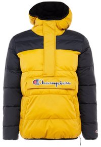 Gul och svart puffjacka med hög krage, logotyp på framsidan, kviltad textur och elastiska muddar. Har dragkedjestängning.