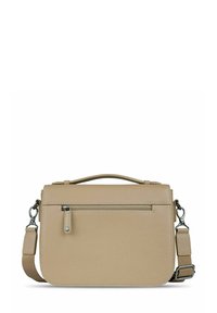 Borsa a tracolla in pelle beige con chiusura a pattina, tasca anteriore con zip e tracolla regolabile. Superficie testurizzata con dettagli in hardware argentato.