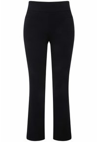 Pantalones de punto negros con una cinturilla ancha, piernas acampanadas y dos bolsillos frontales. Textura suave sin cierres ni patrones visibles.