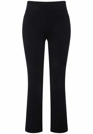 Schwarze Strickhosen mit breitem Bund, weit ausgestellten Beinen und zwei Fronttaschen. Glatte Textur ohne sichtbare Verschlüsse oder Muster.