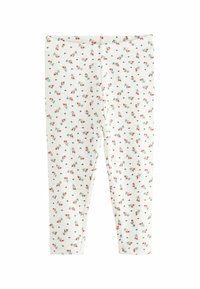Leggings a costine bianche con un motivo floreale che presenta fiori rosa e foglie verdi, accentuati da piccole croci nere sparse.