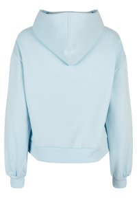 Light blue cropped hoodie with a large hood, ribbed cuffs, and a smooth texture. Features a relaxed fit and no visible hardware.