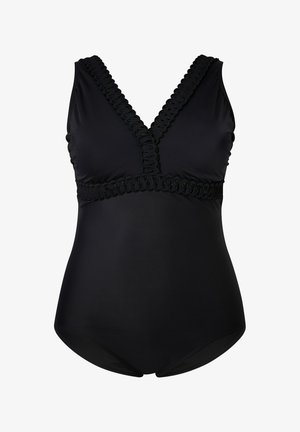 Costume da bagno intero nero con scollatura a V, rifiniture texturizzate lungo le spalline e il bodice, e una silhouette liscia e aderente.