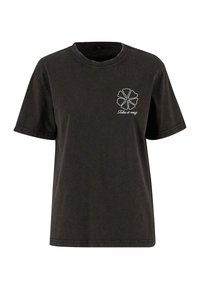 Black cotton t-shirt with short sleeves, crew neckline, and white floral graphic on the chest reading "Take it easy." Casual fit.