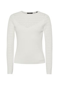 Maglione bianco a maniche lunghe con trama a coste, caratterizzato da un motivo in pizzo sul collo e un corpo liscio per un look aderente.