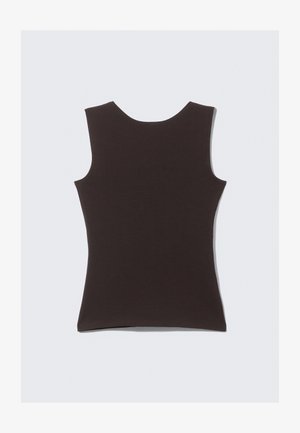 Sleeveless dark brown top made of soft fabric. Features a round neckline and a smooth texture, with no visible patterns or accents.