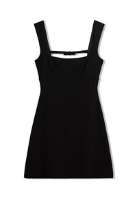 Schwarzes Kleid mit passgenauem Oberteil, quadratischem Ausschnitt, breiten Schulterträgern und einem rückseitigen Ausschnitt mit einer kleinen Schleifenakzentuierung.