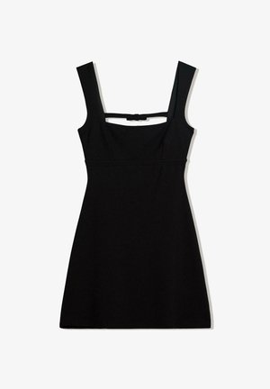 Crna haljina s prilagođenim korzetom, kvadratnim izrezom, širokim naramenicama i izrezom na leđima koji ima mali detalj mašne.