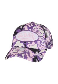 Lila és fekete álcázó mintázatú sapka ívelt karimával, hálós hátsó résszel, és egy fehér hímzett logóval, ami a "Von Dutch Originals" feliratot viseli.