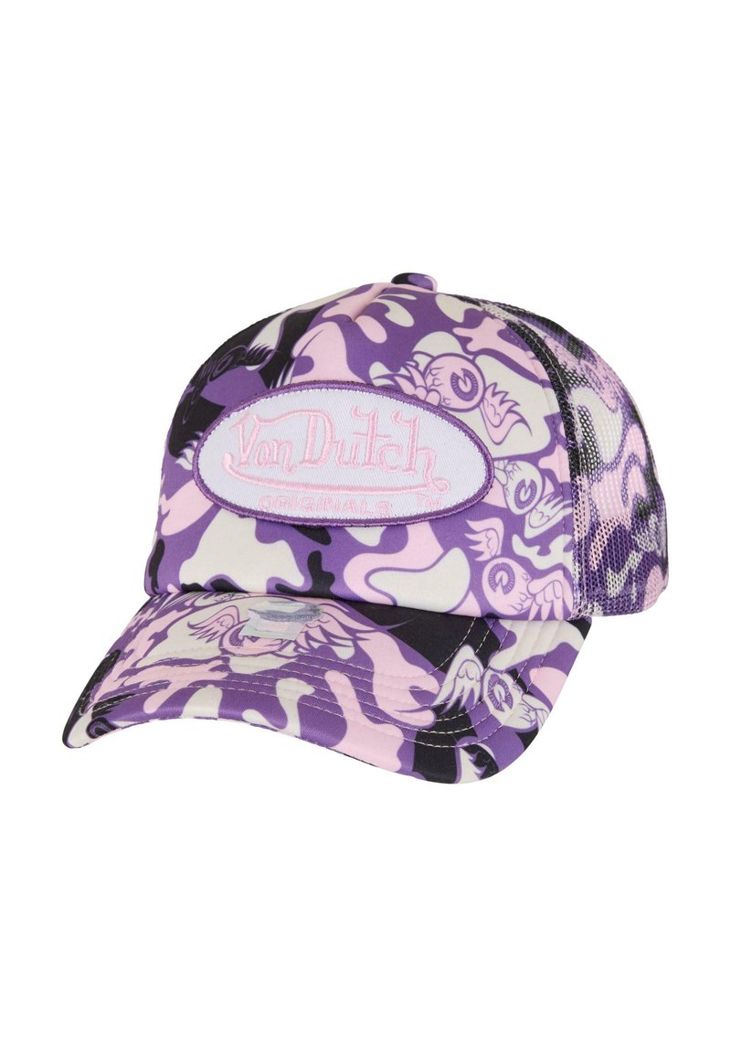 Lila és fekete álcázó mintázatú sapka ívelt karimával, hálós hátsó résszel, és egy fehér hímzett logóval, ami a "Von Dutch Originals" feliratot viseli.