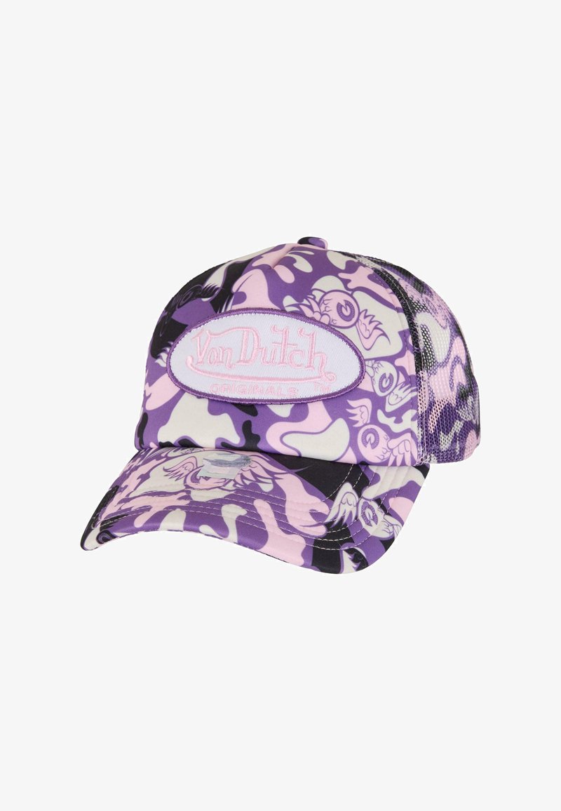 Lillat ja musta kamuflaažmustriga kork, millel on kõver sada, võrkmaterjalist tagumine osa ning valge tikandatud logo silt, millel on kiri "Von Dutch Originals."