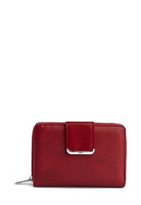 Červená kožená peněženka s hladkým povrchem, obdélníkovým tvarem, zipovým uzávěrem a stříbrnými kovovými detaily. Obsahuje přední klopu se sponou.