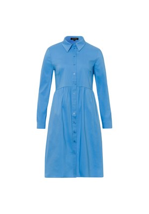 Blue long-sleeve button-down shirt dress with gathered waist and pointed collar, displayed on a white background.