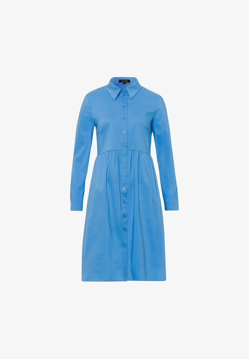 Vestito camicia blu a maniche lunghe con bottoni, vita arricciata e collo a punta, mostrato su sfondo bianco.
