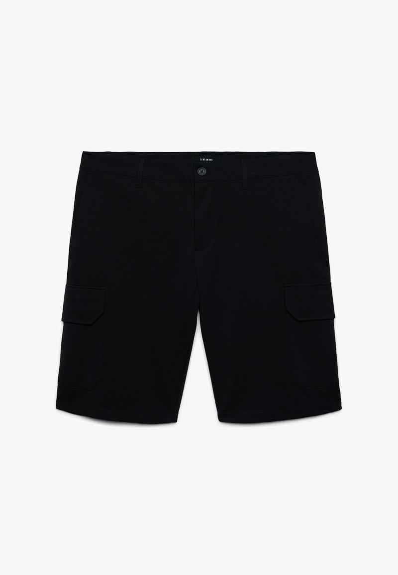 Pantaloncini cargo neri con chiusura a bottone, passanti per cintura, tasche laterali e tasche con patta su ogni gamba, distesi su uno sfondo bianco.