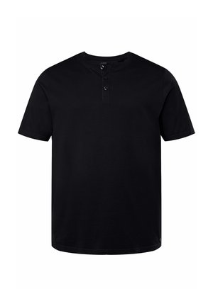 Schwarz, kurzärmliges Shirt aus weichem Stoff mit einem Henley-Ausschnitt und drei Knöpfen sowie einer lockeren Passform. Einfaches und vielseitiges Design.