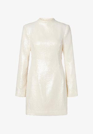 Short-sleeve, cream dress made of sequined fabric, featuring a high neckline and structured silhouette with subtle vertical seams.