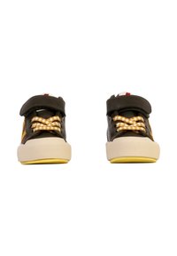 Black synthetic shoes with yellow accents, featuring a textured white sole and checkerboard laces, secured with Velcro straps.