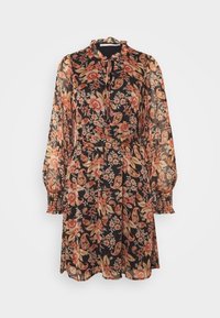 Kukkakuosisella mekolla mustalla taustalla, pitkät läpinäkyvät hihat, röyhelönen kaulus, nauhakiinnitys ja joustavat hihansuut. Mekossa on monimutkaisia paisley- ja kukkakuviota.