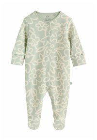 Salopetă ribbed de culoare verde deschis, cu un model floral alb pe toată suprafața, mâneci lungi, design cu picioare și nasturi snap pe față.