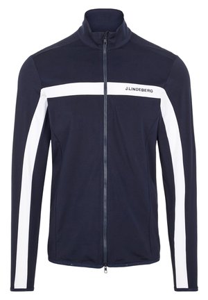 Navy jacket with zip closure, high collar, and white side stripes. Made of a smooth, stretchy fabric; features a logo on the chest.