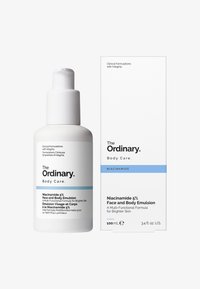 The Ordinary Niacinamide 5% Face and Body Emulsion bottle and matching box, labeled for brighter skin, 100ml.