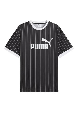 Sort kortærmet trøje med lodrette hvide striber, rund hals og hvid kant; prydet med stort hvidt "PUMA" logo og en springende kattegrafik.