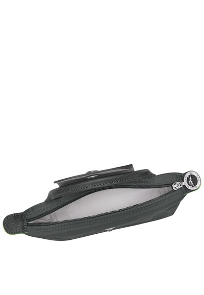 Grey leather pouch with a zipper closure, featuring a smooth texture and a small handle. Interior lined with light fabric and zippered pocket.