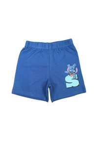 Shorts en coton bleu avec une texture douce, présentant un personnage de dessin animé imprimé et un "S" stylisé à l'avant. Taille élastique incluse.