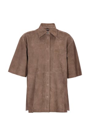 Barna velúr rövid ujjú ing hegyes gallérral, elülső gombokkal és mellzsebbel. Simább textúrájú és laza szabású.