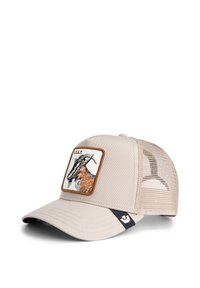 Beige mesh cap with a solid front featuring an embroidered goat graphic and the word "GOAT." Includes a curved visor and an adjustable strap.