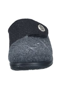 Gray felt slipper with a black upper strap and silver button accent. Features a rubber sole and stitched detailing on the front.