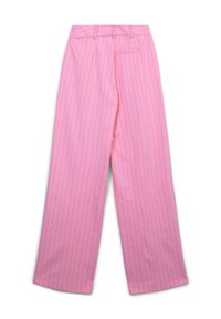 Pantaloni a palazzo a righe rosa realizzati in tessuto morbido, con sottili righe verticali blu, vita sartoriale e una tasca posteriore.