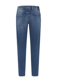 Jeans en denim bleu avec une coupe droite, dotés de deux poches arrière et d'une étiquette à la taille. Le tissu a une texture lisse.