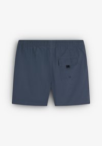 Shorts de bain pour hommes, bleu marine, en tissu léger, avec taille élastique, poche arrière avec bouton, texture lisse, coupe classique.