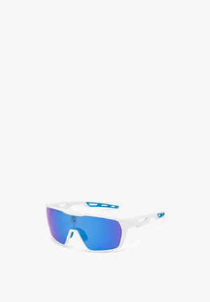 Weiße Sport-Sonnenbrille mit blauen verspiegelten Gläsern und belüfteten Bügeln, entwickelt für Outdoor-Aktivitäten und Augenschutz.
