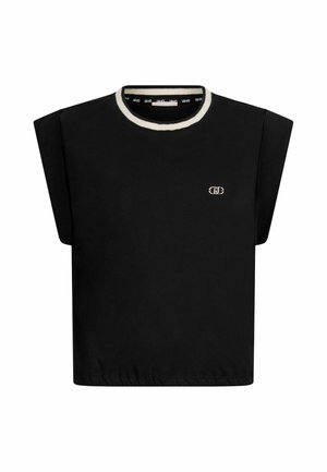 Sort cropped t-shirt med rund halsudskæring og korte, brede ærmer. Har en kontrasterende hvid kant og et lille logo på brystet.
