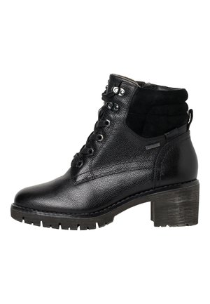 Bottines en cuir noir avec lacets à l'avant, col rembourré, talon épais et semelle robuste, idéales pour les activités en extérieur ou un style décontracté.
