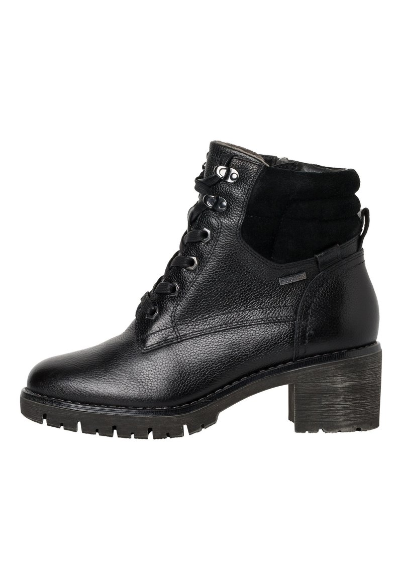 Bottines en cuir noir avec lacets à l'avant, col rembourré, talon épais et semelle robuste, idéales pour les activités en extérieur ou un style décontracté.