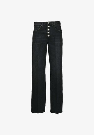 Sorte denimbukser med lige ben, der har en høj talje og en frontlukning med flere sølvfarvede knapper.