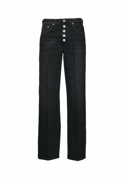 Pantaloni in denim nero con un design a gamba dritta, dotati di vita alta e chiusura frontale con diversi bottoni argentati.